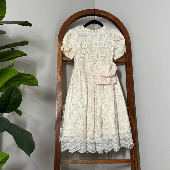 Jessica Mcclintock Dresses | Jessica Mcclintock Vintage 80s Girls 6X Cream Pink Lace Dress USA Made | Color: Cream/Pink | Size: 6xg | Pm-32035074'S